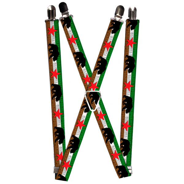 Buckle-Down Suspenders - 1.0" - Cali Bear Silhouette & Star/CALIFORNIA REPUBLIC Green/White/Brown/Black/Red