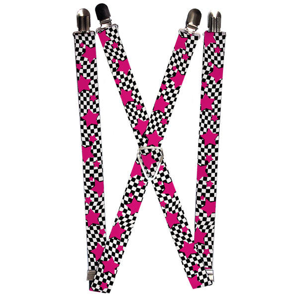 Buckle-Down Suspenders - 1.0" - Checker & Stars Black/White/Pink