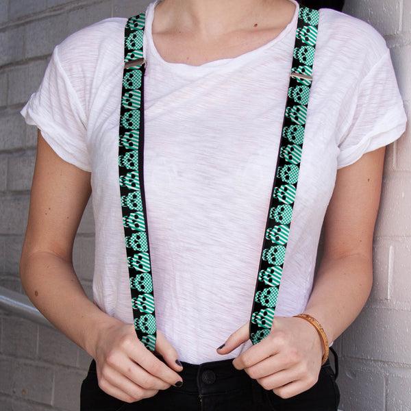 Buckle-Down Suspenders - 1.0" - Checker & Stripe Skulls Black/White/Green