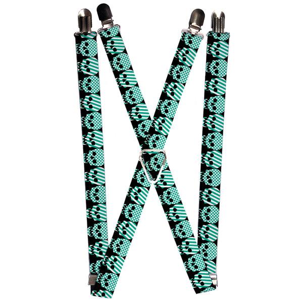 Buckle-Down Suspenders - 1.0" - Checker & Stripe Skulls Black/White/Green