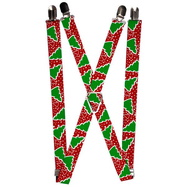 Buckle-Down Suspenders - 1.0" - Christmas Trees/Stars Red/White/Green
