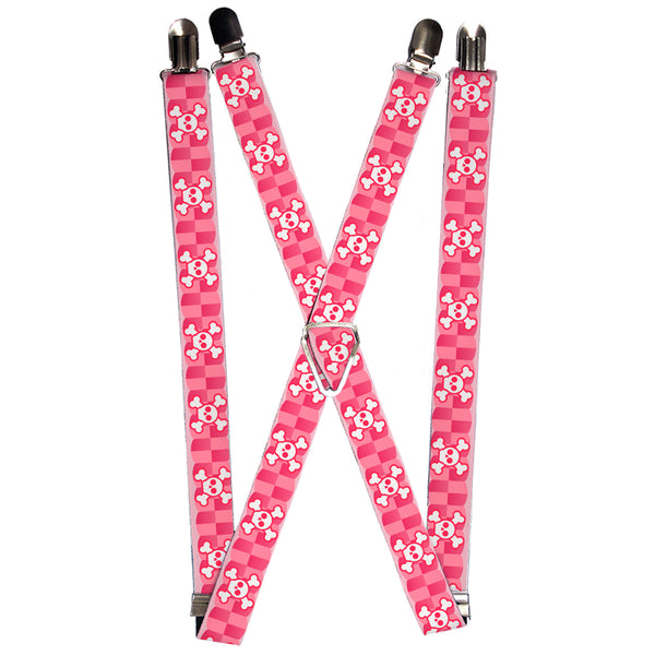 Buckle-Down Suspenders - 1.0" - Cute Skulls w/Checkers Pinks/White