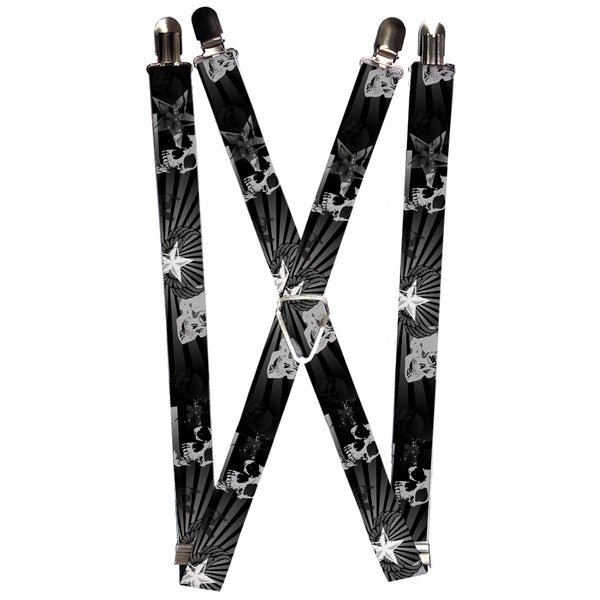 Buckle-Down Suspenders - 1.0" - Die Hard Skulls & Stars1 Black/Grays