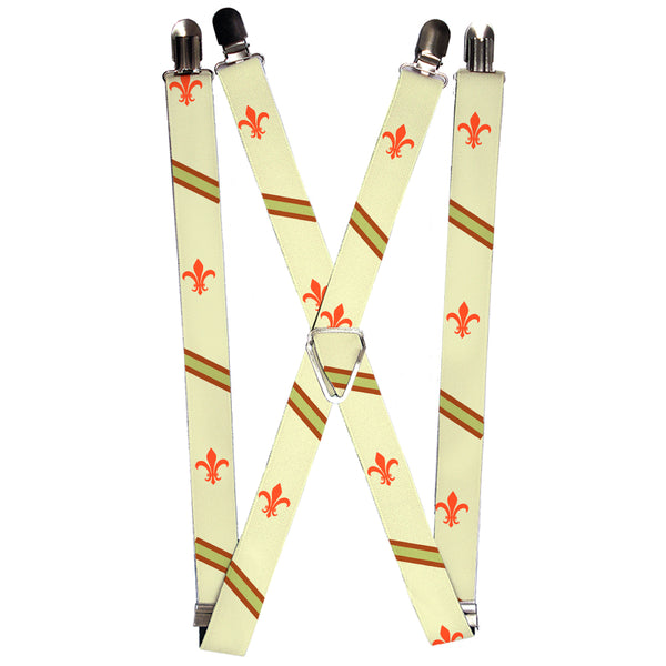 Buckle-Down Suspenders - 1.0" - Fleur-de-Lis2 Stripes Tan/Orange/Brown/Green