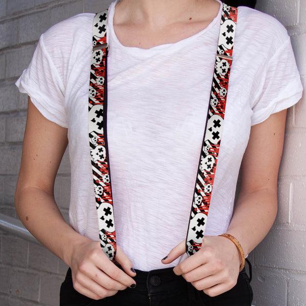 Buckle-Down Suspenders - 1.0" - Girlie Skull Black/White W/Red Paint Drips