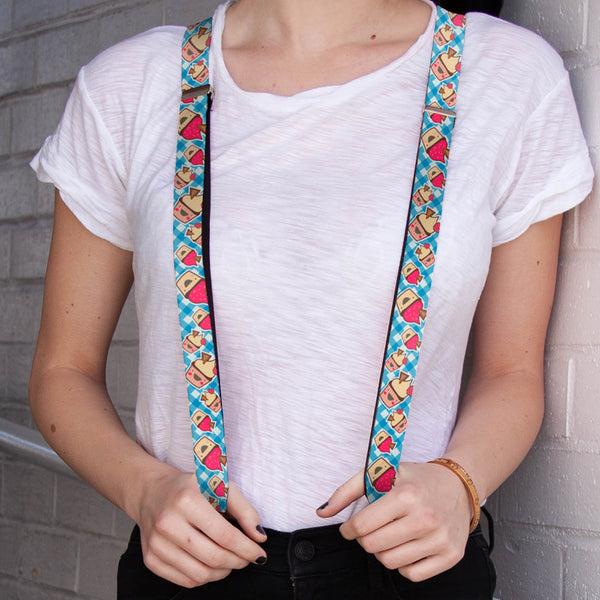 Buckle-Down Suspenders - 1.0" - Happy Cupcakes Buffalo Plaid White/Blue