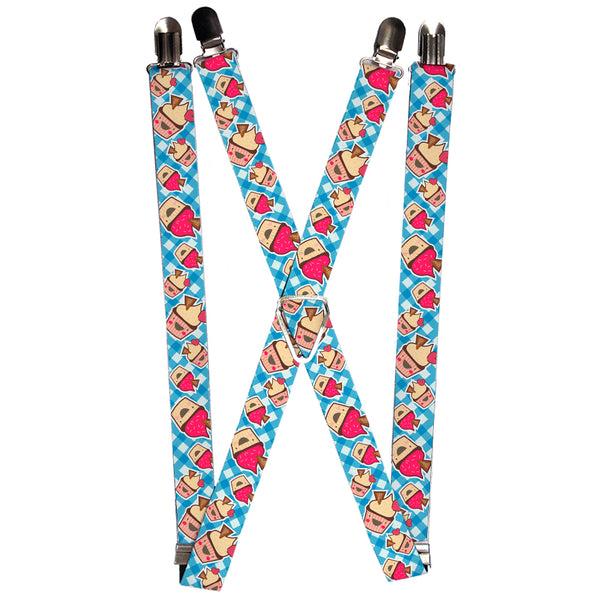 Buckle-Down Suspenders - 1.0" - Happy Cupcakes Buffalo Plaid White/Blue