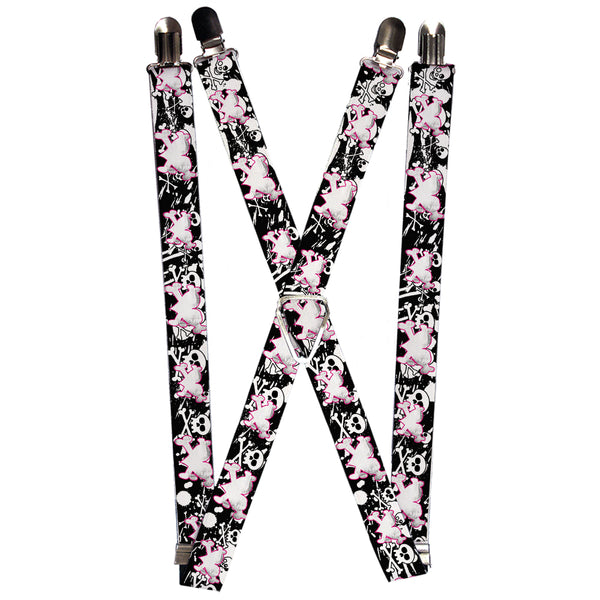 Buckle-Down Suspenders - 1.0" - Heart & Cross Bones w/Skulls & Splatter Black/White