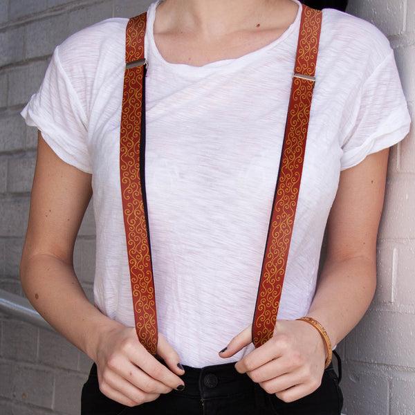 Buckle-Down Suspenders - 1.0" - Holiday Trim Swirls Red/Gold