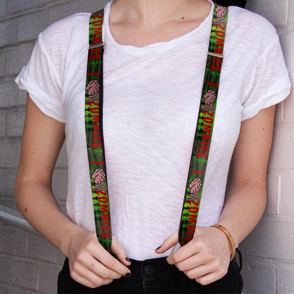 Buckle-Down Suspenders - 1.0" - I "Brain" ZOMBIES Black/Green/Red