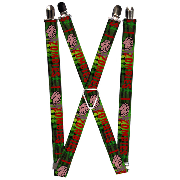 Buckle-Down Suspenders - 1.0" - I "Brain" ZOMBIES Black/Green/Red