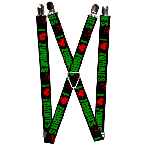 Buckle-Down Suspenders - 1.0" - I "Heart" ZOMBIES Bold Splatter Black/Green/Red