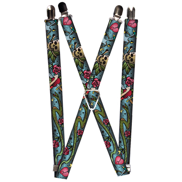 Buckle-Down Suspenders - 1.0" - Live Hard Die Young CLOSE-UP Turquoise
