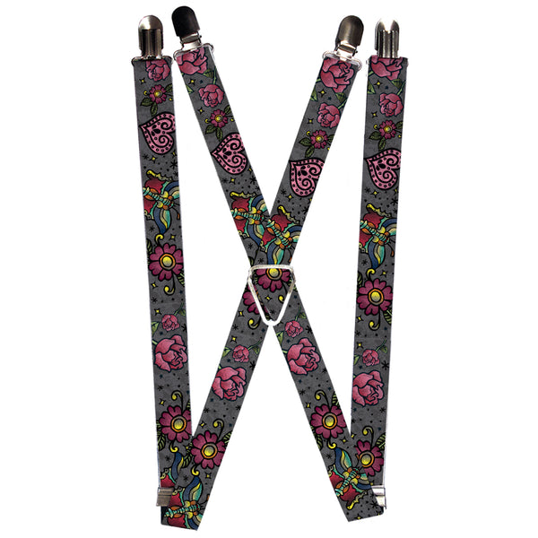 Buckle-Down Suspenders - 1.0" - Love Kills CLOSE-UP Gray