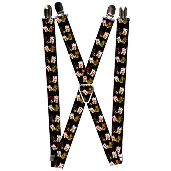 Buckle-Down Suspenders - 1.0" - Maneki Neko Lucky Cats Gold/Black/White
