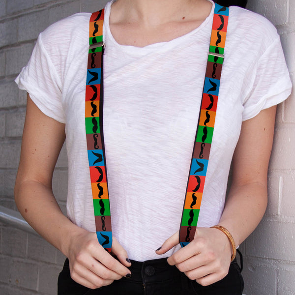 Buckle-Down Suspenders - 1.0" - Mustaches Multi Color Blocks/Black