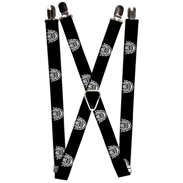 Buckle-Down Suspenders - 1.0" - Native American Skull Black/White