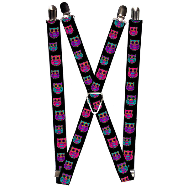 Buckle-Down Suspenders - 1.0" - Owls Black/Fuchsia/Purple/Turquoise