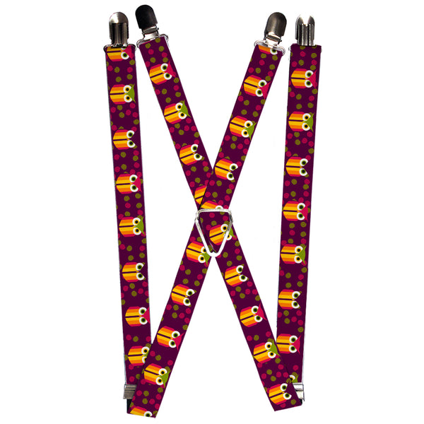 Buckle-Down Suspenders - 1.0" - Owls Striped w/Swirls Purple