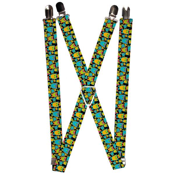 Buckle-Down Suspenders - 1.0" - Owls w/Outline Black/Multi Neon