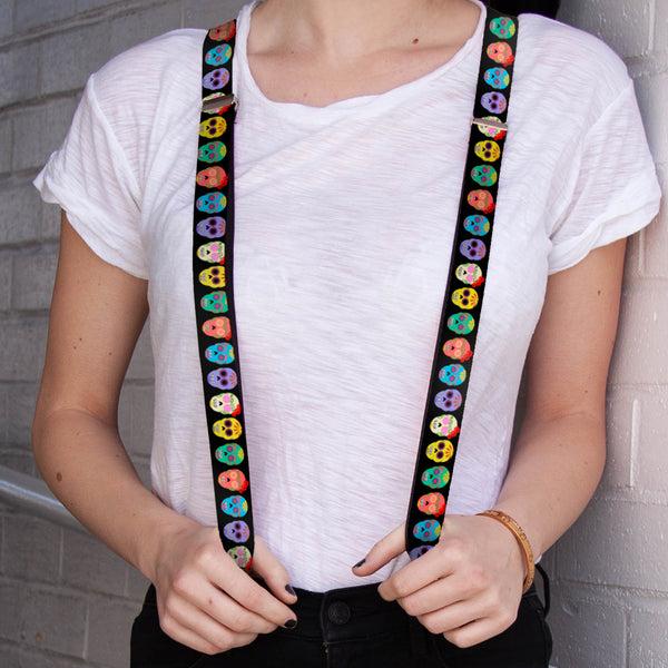 Buckle-Down Suspenders - 1.0" - Painted Sugar Skulls Black/Multi Color