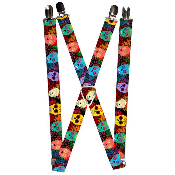 Buckle-Down Suspenders - 1.0" - Painted Sugar Skulls & Flowers Collage