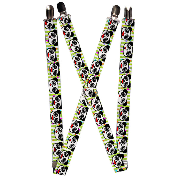 Buckle-Down Suspenders - 1.0" - Panda Bear Cartoon Bamboo White/Greens/Multi Color