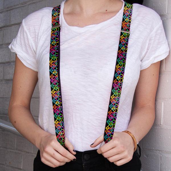Buckle-Down Suspenders - 1.0" - Peace Hearts Stacked Black/Neon