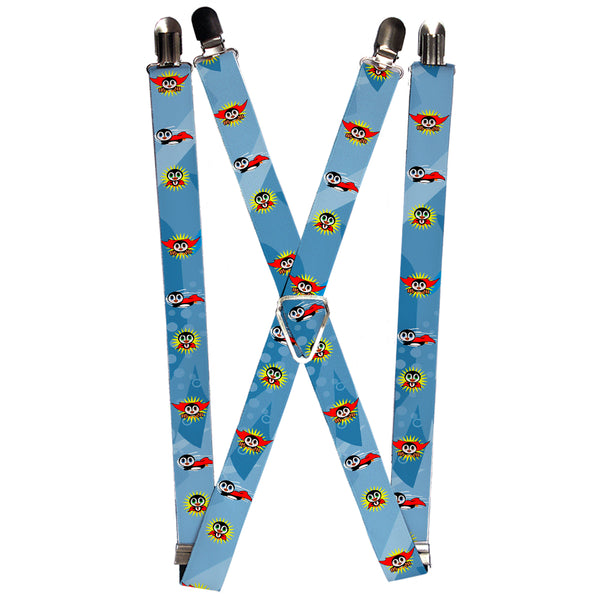 Buckle-Down Suspenders - 1.0" - Penguin Superhero Blue Bubbles
