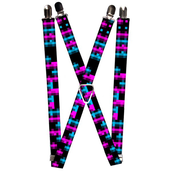 Buckle-Down Suspenders - 1.0" - Pixilated Checker Black/Fuchsia/Turquoise