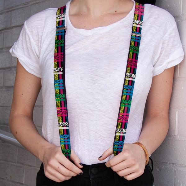 Buckle-Down Suspenders - 1.0" - Plaid Black/Neon Animal Skins