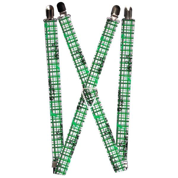 Buckle-Down Suspenders - 1.0" - Plaid Curls White/Black/Gray/Green
