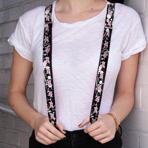 Buckle-Down Suspenders - 1.0" - Punk Princess Heart & Cross Bones W/Splatter Black/White