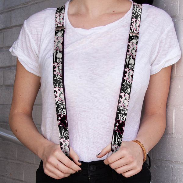 Buckle-Down Suspenders - 1.0" - Punk Princess Heart & Cross Bones W/Skulls & Splatter Black/White