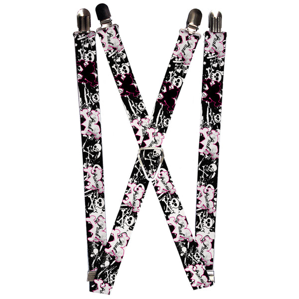 Buckle-Down Suspenders - 1.0" - Punk Princess Heart & Cross Bones w/Skulls & Splatter Black/White
