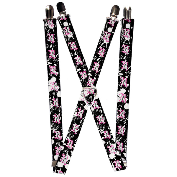 Buckle-Down Suspenders - 1.0" - Punk Princess Heart & Cross Bones w/Splatter Black/White