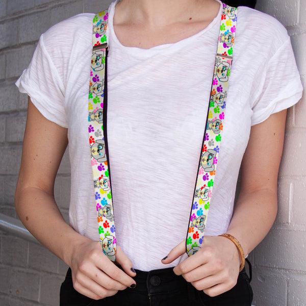 Buckle-Down Suspenders - 1.0" - Puppies W/Paw Prints White/Multi Color