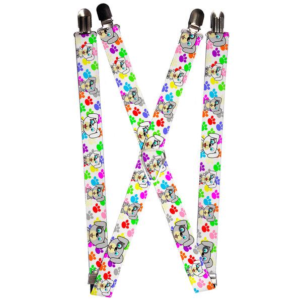 Buckle-Down Suspenders - 1.0" - Puppies w/Paw Prints White/Multi Color