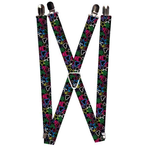 Buckle-Down Suspenders - 1.0" - Sketch Skull/Star/Heart/Checker Black/Multi Color
