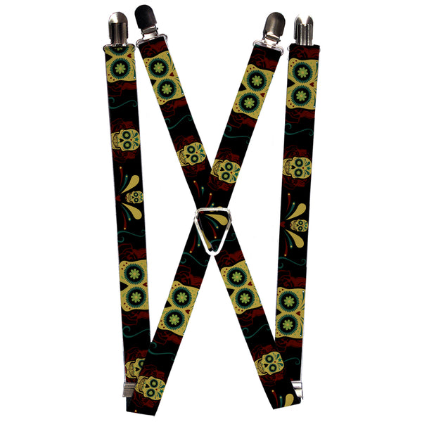 Buckle-Down Suspenders - 1.0" - Sugar Skulls Black/Olive/Burgundy