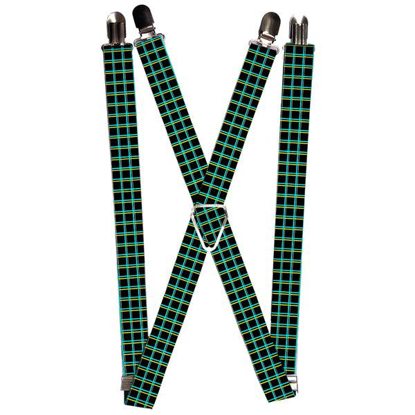 Buckle-Down Suspenders - 1.0" - Wire Grid Black/Turquoise/Yellow