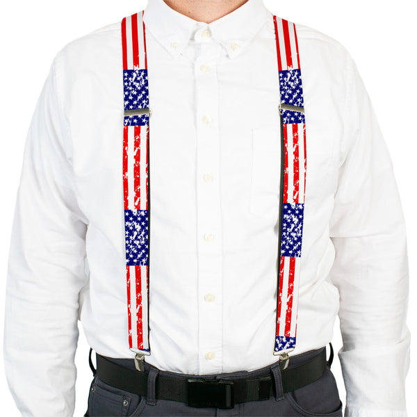 Buckle-Down Suspenders - 1.5" - United States Flags CLOSE-UP Weathered
