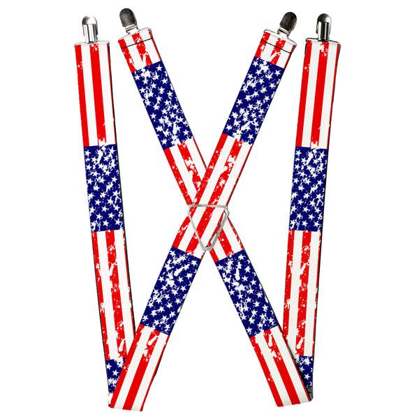 Buckle-Down Suspenders - 1.5" - United States Flags CLOSE-UP Weathered