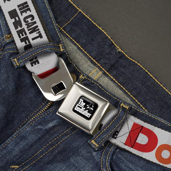 Buckle-Down THE GODFATHER Title Logo Full Color Black/White Seatbelt Belt - The Godfather Quote I'LL MAKE HIM AN OFFER HE CAN'T REFUSE Grays/Red Webbing