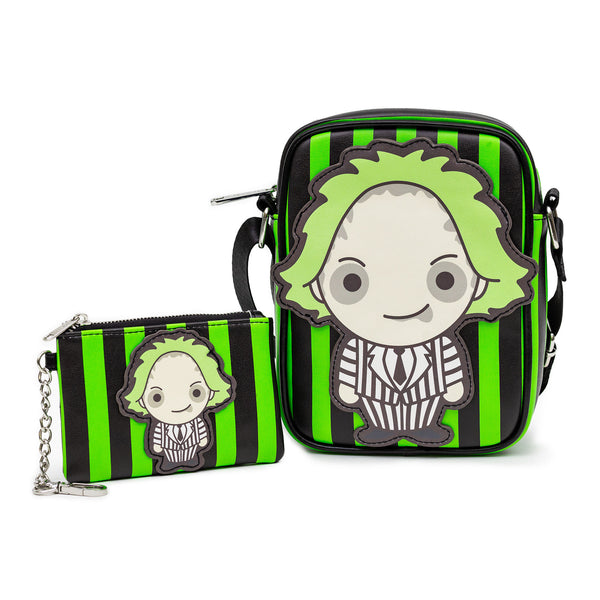 Buckle-Down Warner Bros. Horror Movies Bag and Wallet Combo Chibi Beetlejuice Pose with Stripe Green Black Vegan Leather