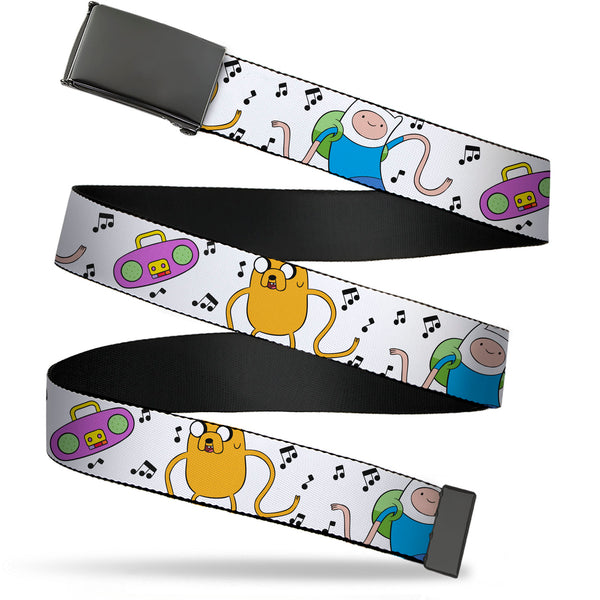 Buckle-Down Web Belt Blank Black Buckle - Adventure Time Finn and Jake Long Arms Dancing Pose Music Notes White Webbing
