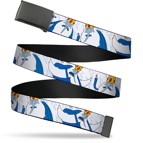 Buckle-Down Web Belt Blank Black Buckle - Adventure Time Ice King Poses and Bolts White/Blue Webbing