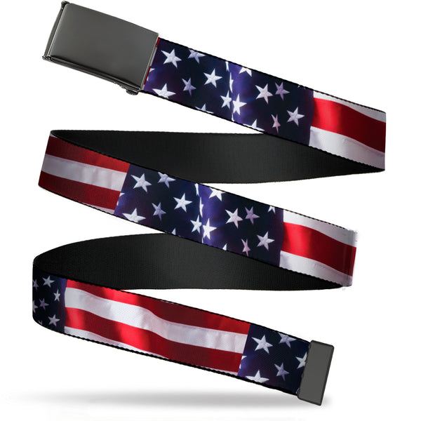 Buckle-Down Web Belt Blank Black Buckle - American Flag Vivid CLOSE-UP Webbing