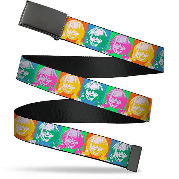Buckle-Down Web Belt Blank Black Buckle - Annabelle Doll Face Pop Art Color Block Multi Color Webbing