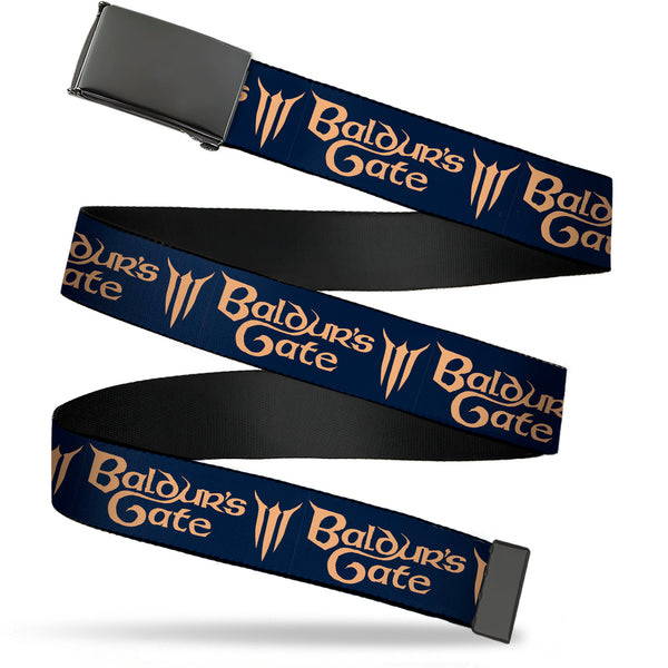 Buckle-Down Web Belt Blank Black Buckle - BALDUR'S GATE III Text Blue/Tan Webbing